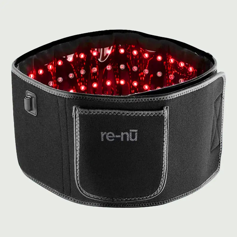 re-nū 120 LED Red Light Therapy Belt partially wrapped and bent to show its flexible, adjustable design.