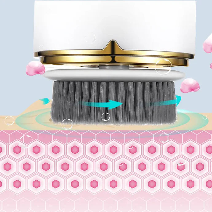 Close-up of PureSpin Rotating Cleansing Brush with soft gray bristles exfoliating skin surface, showing gentle circular motion and pore-level cleansing action