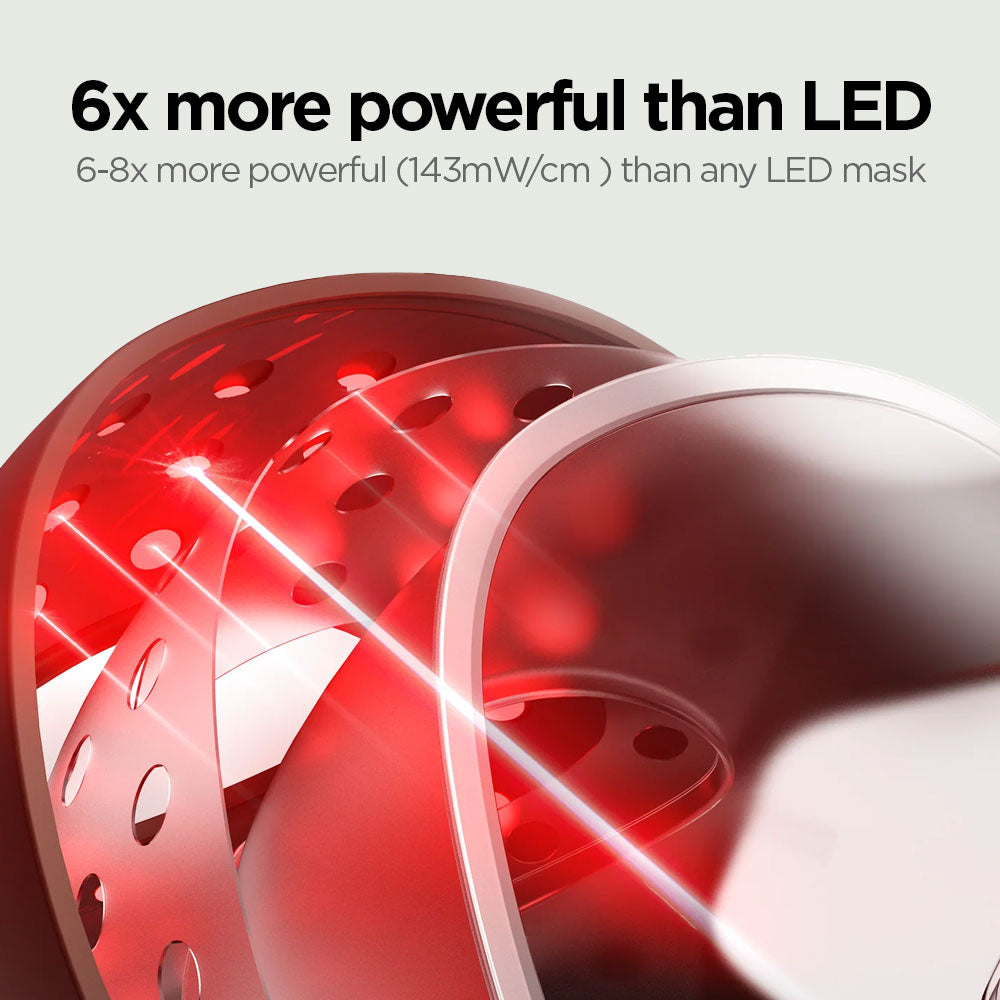 Close-up of re-nū Smart Beauty 4D Laser Light Therapy Mask emitting concentrated red laser beams, labeled 6x more powerful than traditional LED masks