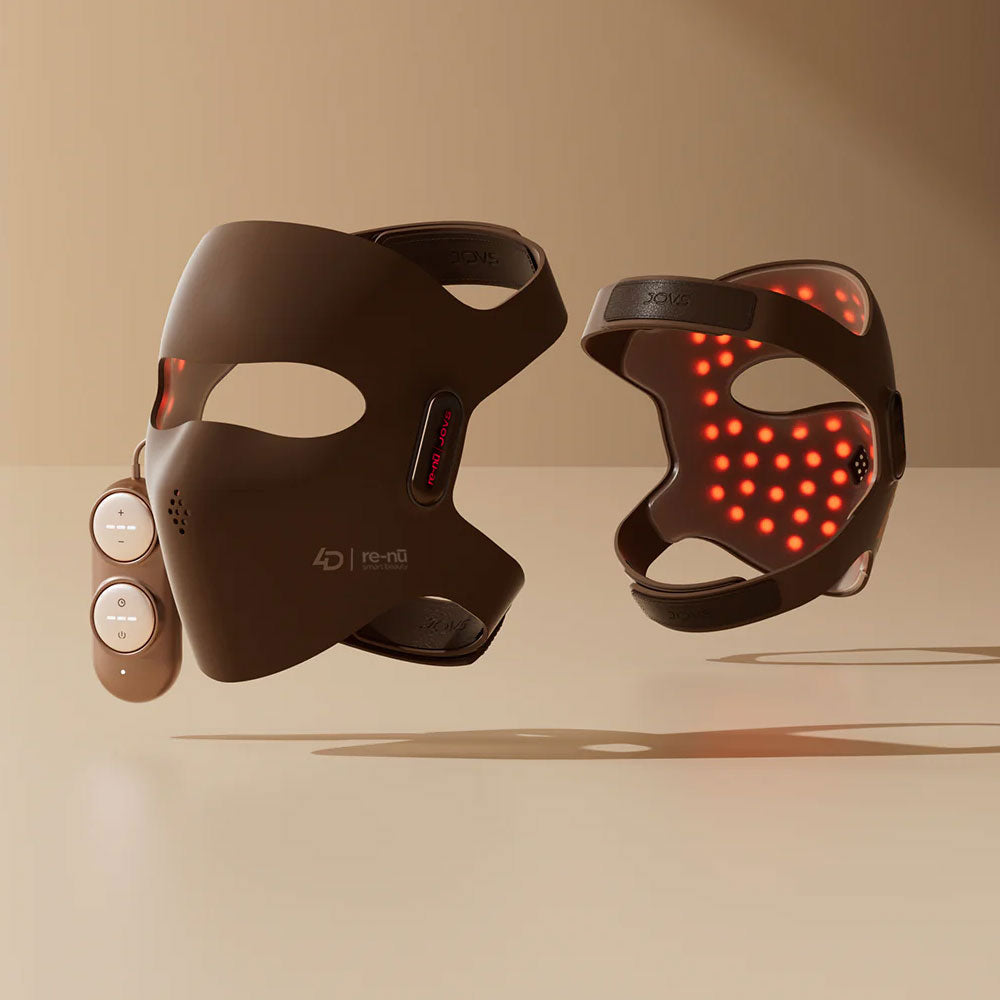 Brown laser mask with red LED lights and control panel on a beige background