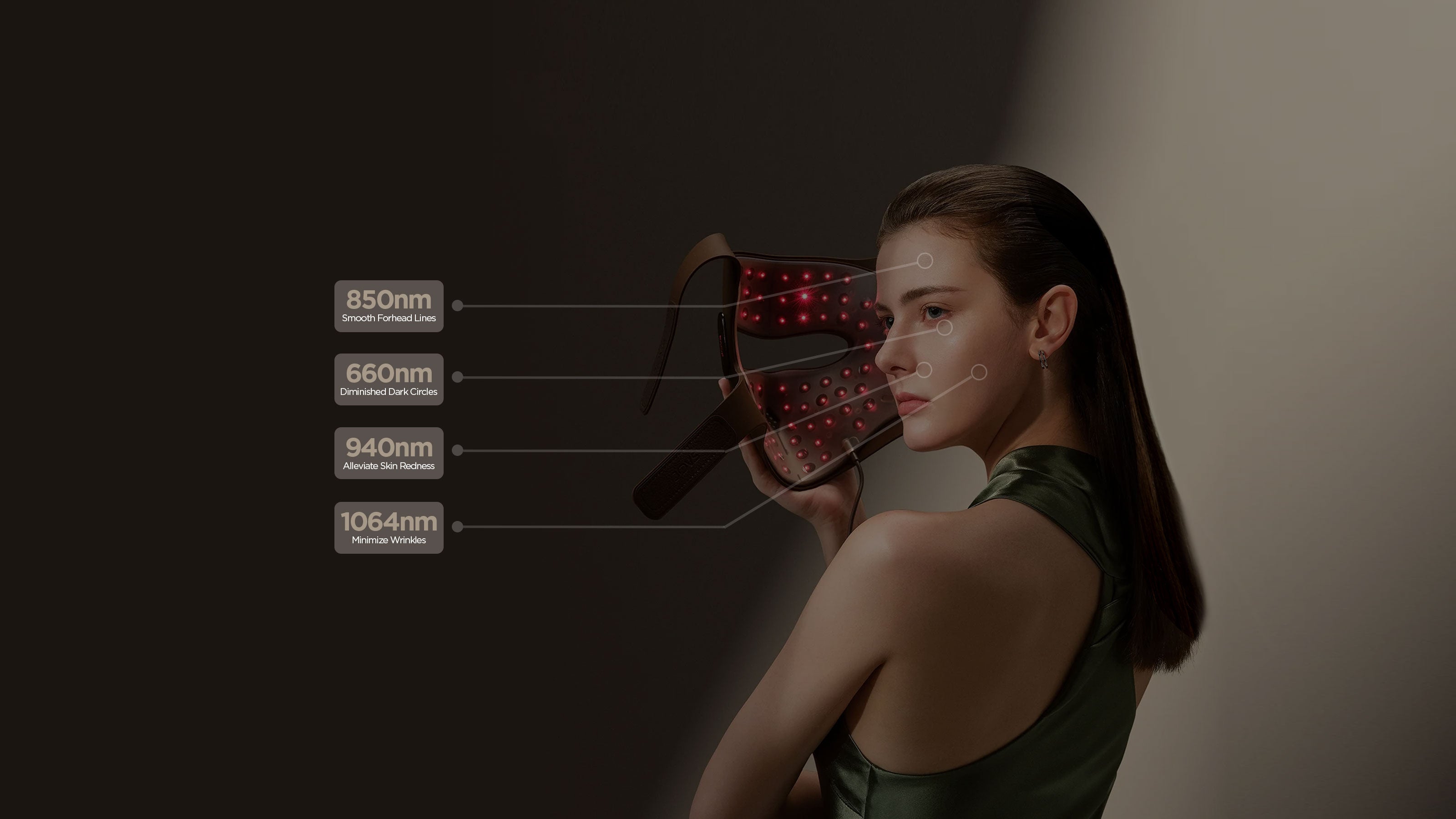 Woman holding the 4D Laser Light Therapy Mask by re-nū and JOVS, highlighting the light array wavelengths emitted for precise and safe care.