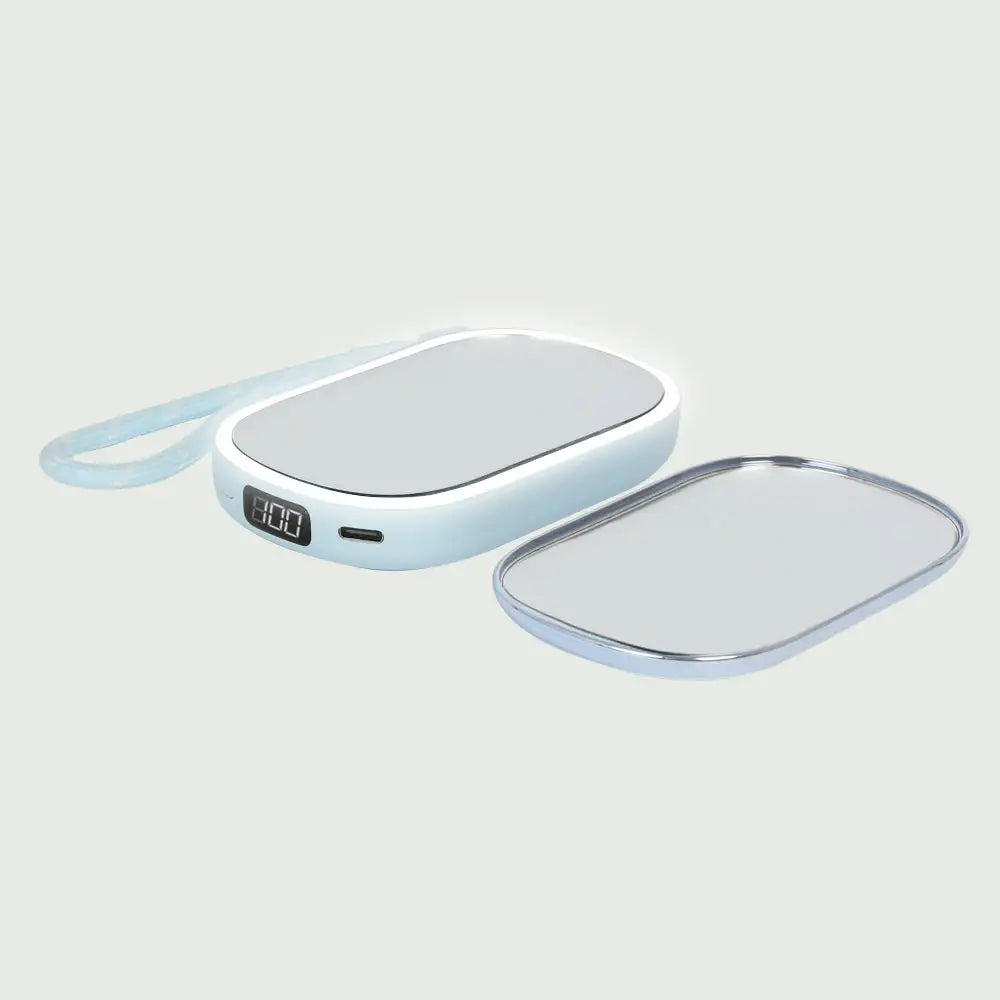 Open view of re-nū 4-in-1 LED Compact Mirror with Power Bank and Hand Warmer, Blue