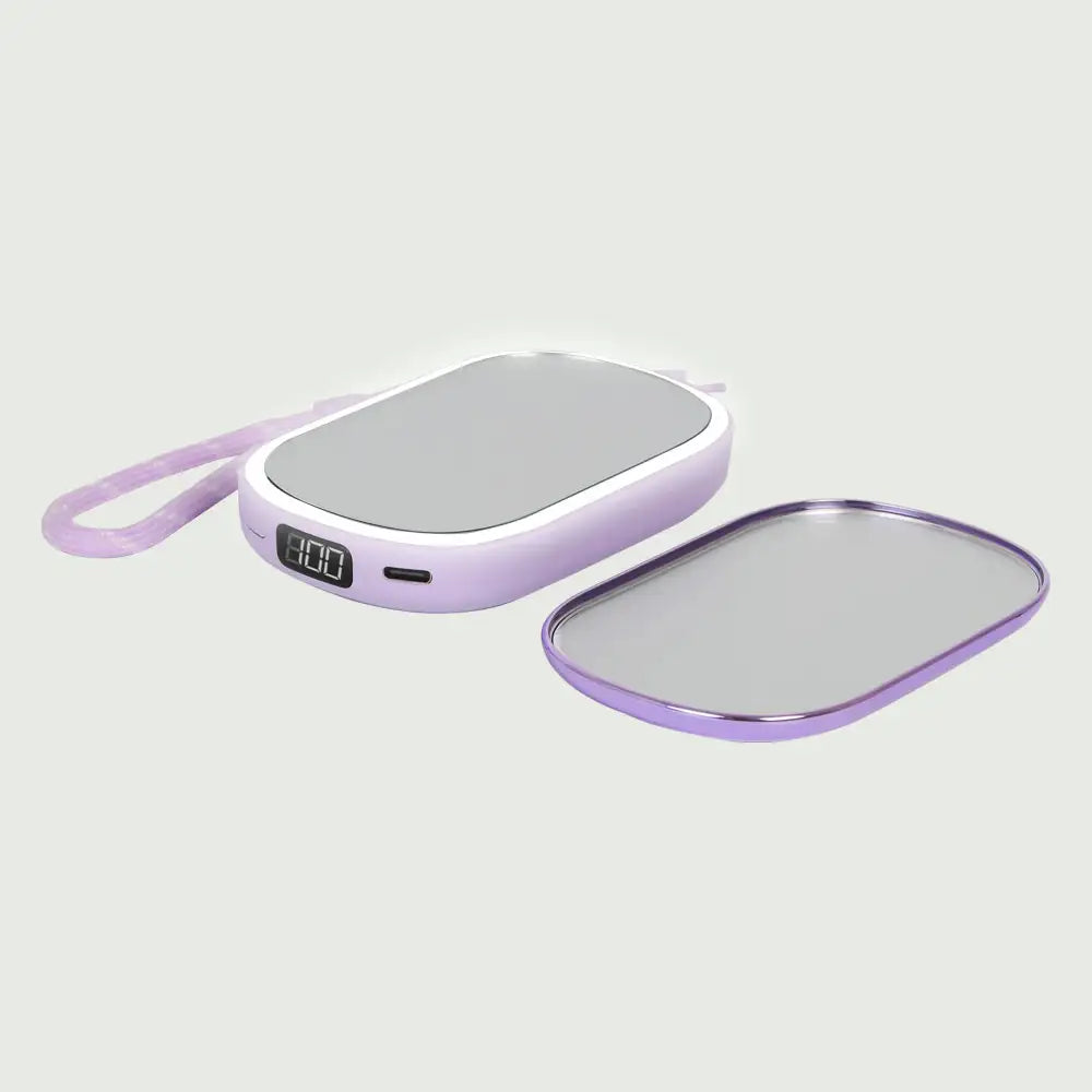 Open view of re-nū 4-in-1 LED Compact Mirror with Power Bank and Hand Warmer, Purple