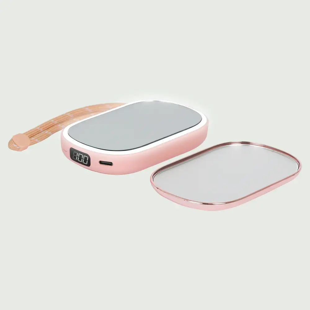 Open view of re-nū 4-in-1 LED Compact Mirror with Power Bank and Hand Warmer, Pink.
