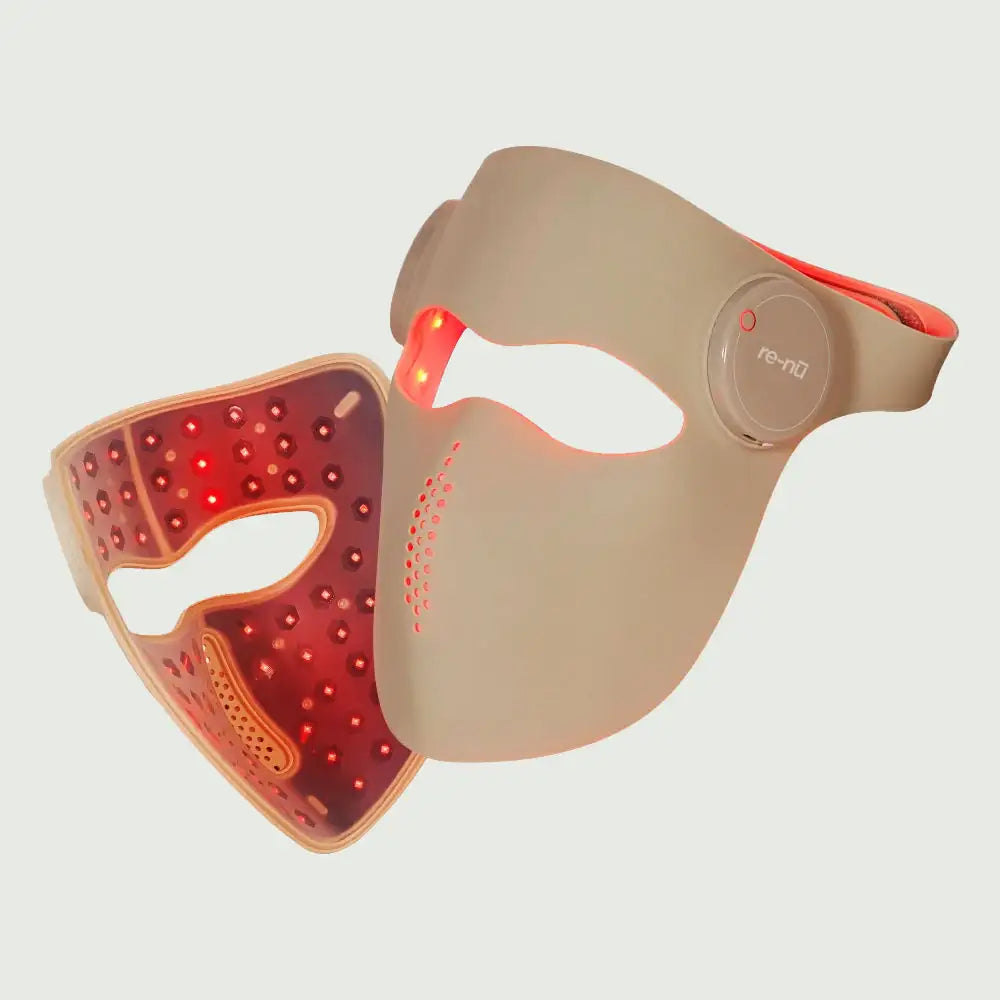 Front and inside views of the 5D Mask Laser Mask showing full-face LED coverage and silicone design