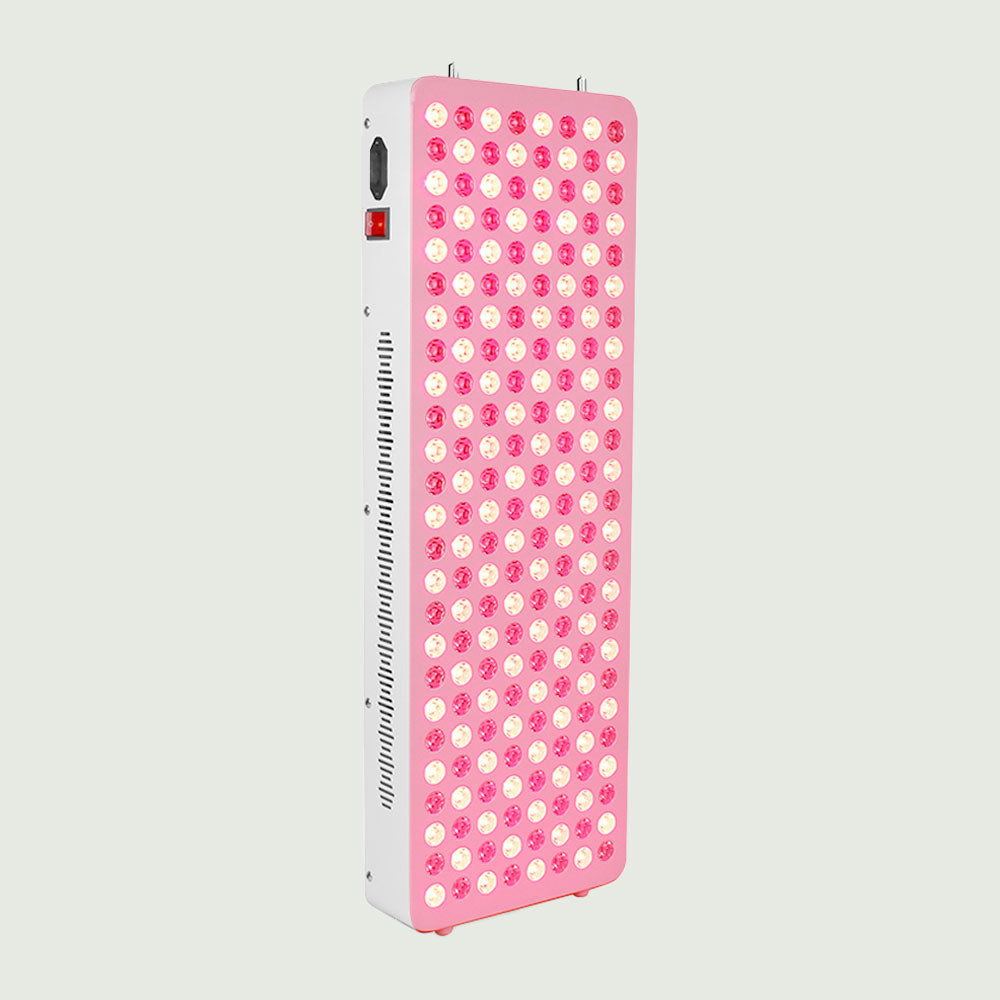 Side view of slim, vertical LED Red Light Therapy Panel Pro with sturdy stand