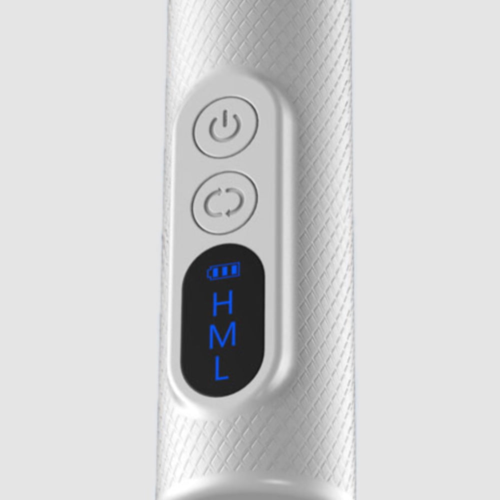 Close-up of nail drill digital screen displaying High, Medium, and Low speed levels