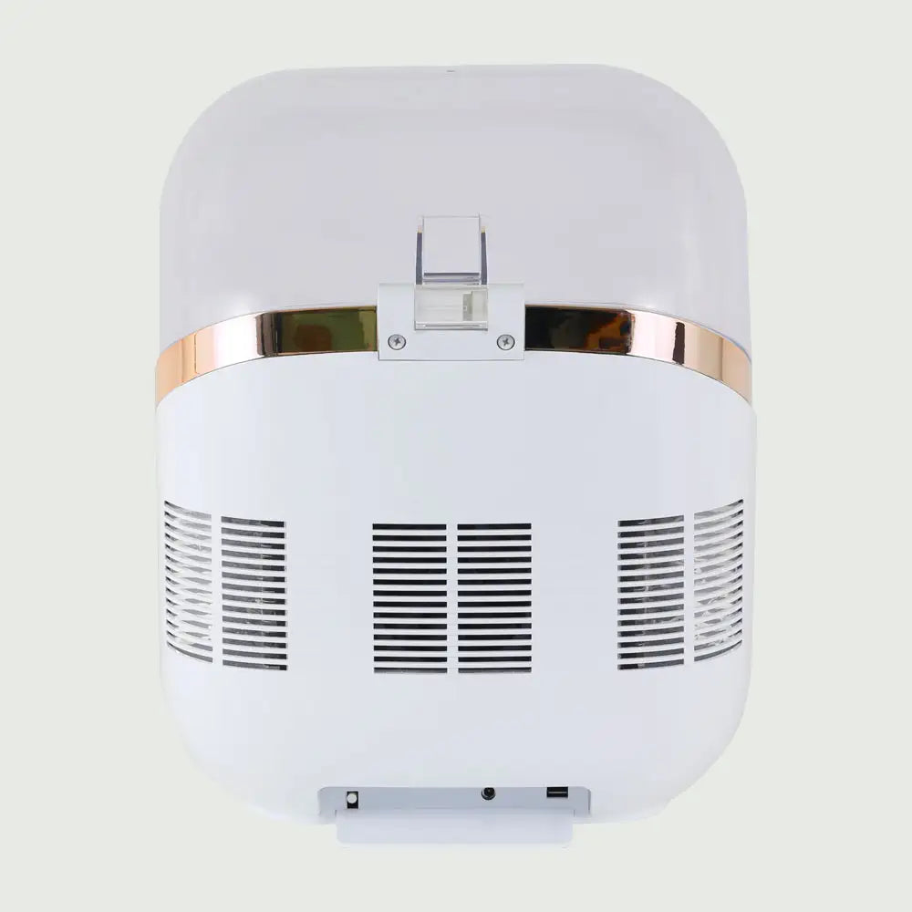 Rear view of GlowUp Skin Care Fridge showing ventilation panel, power cord port, and compact design for efficient cooling.
