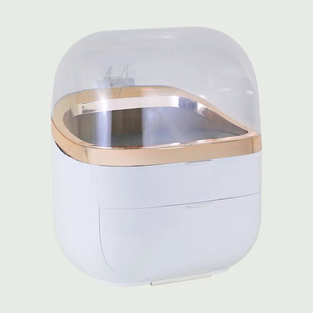 An angled view of the GlowUp Skin Care Fridge, featuring a large dome top, and closed high capacity cooling drawers.
