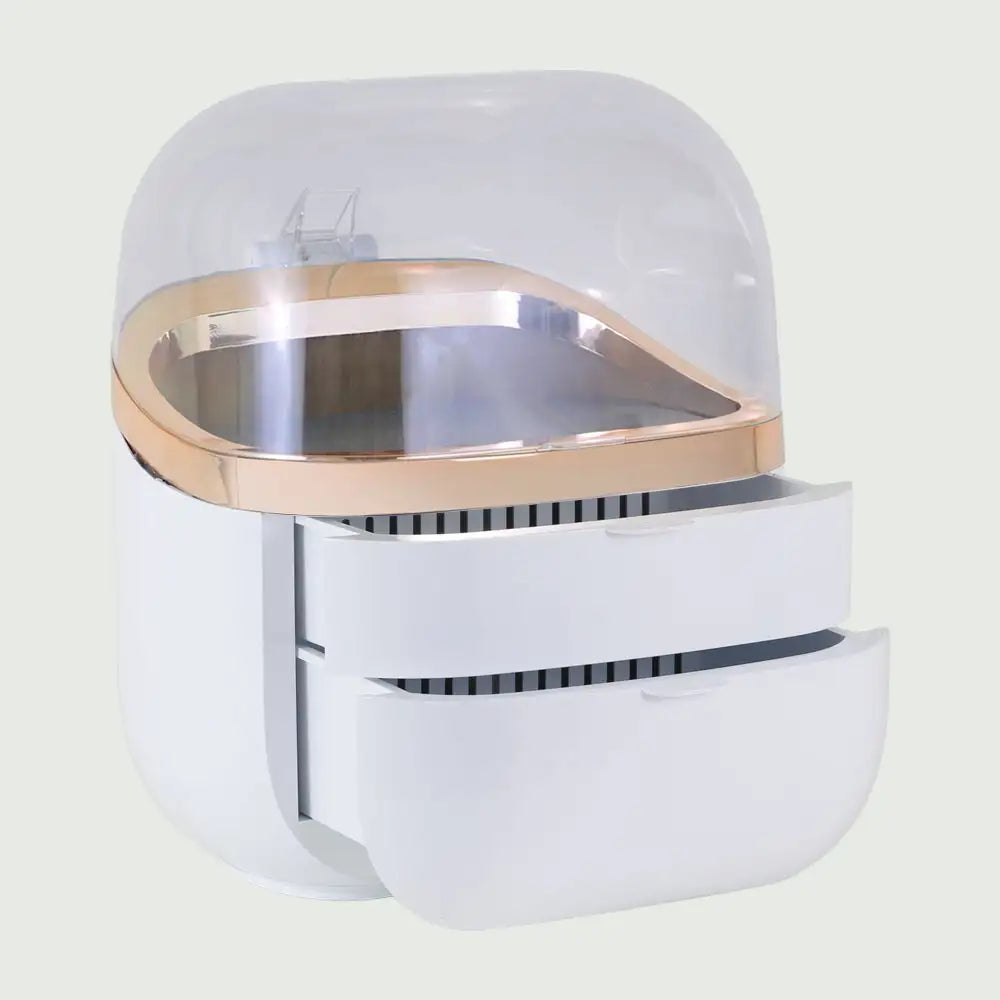 An angled view of the GlowUp Skin Care Fridge, featuring a large dome top, and two opened high capacity cooling drawers.