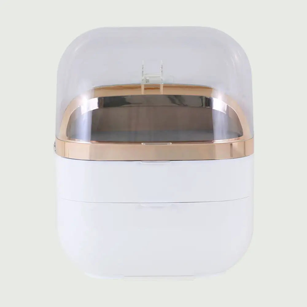 A front view of the GlowUp Skin Care Fridge, featuring a large dome top, and two closed high capacity cooling drawers.