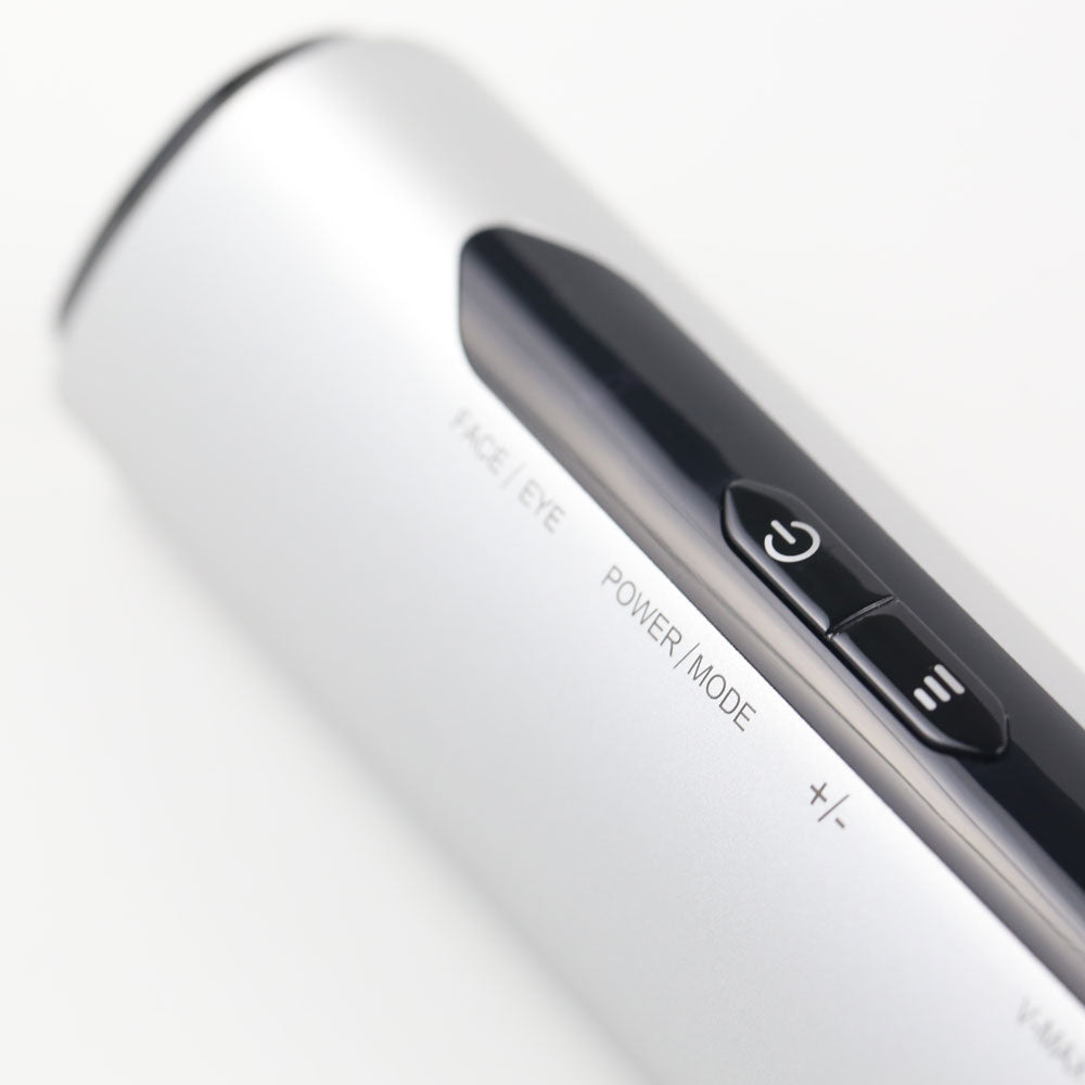 Close-up view of the control buttons on the re-nū RF LED Microcurrent Face-Lifting Device, showcasing its user-friendly interface with clearly marked settings for RF, EMS, and LED modes.