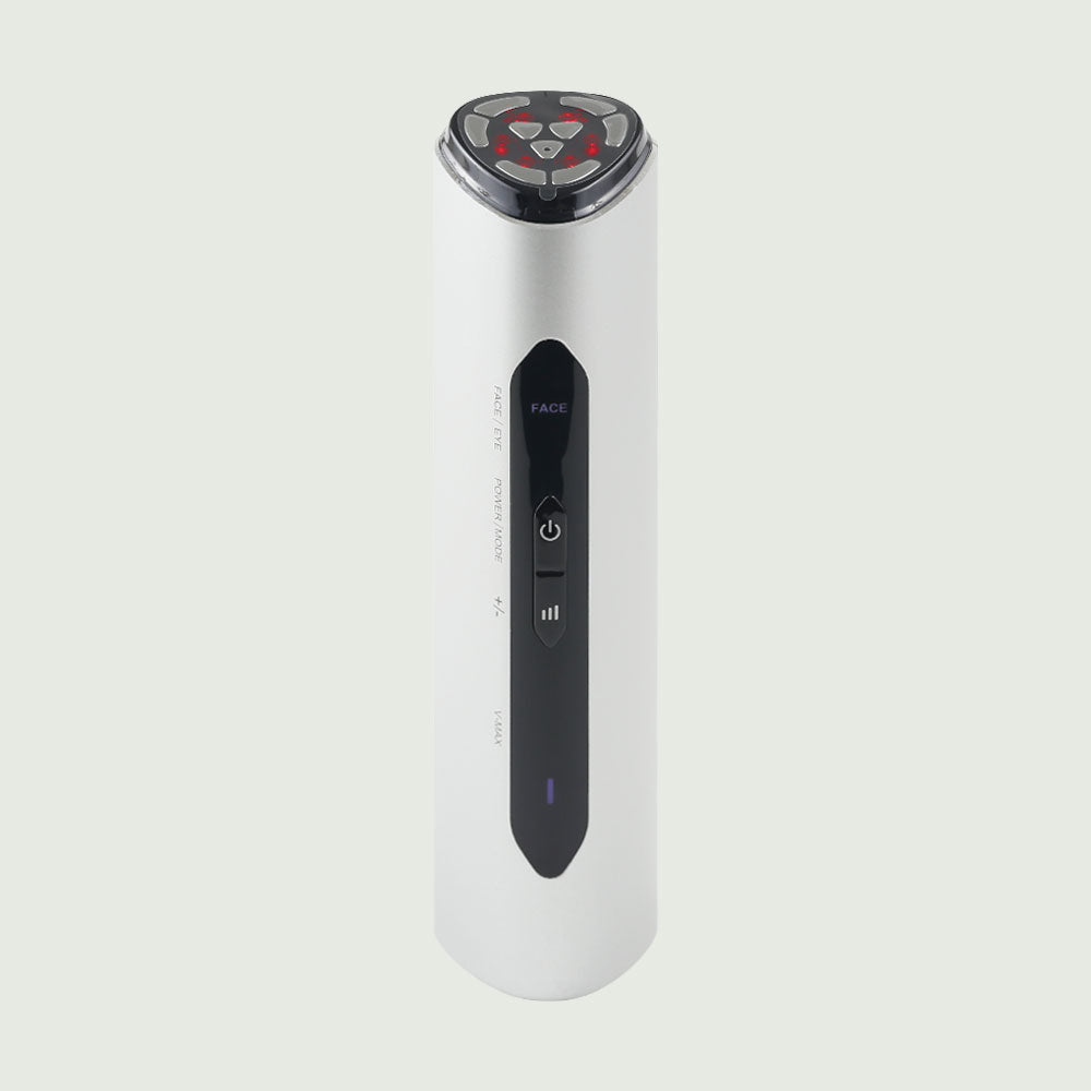 Front view of the re-nū RF LED Microcurrent Face-Lifting Device, showcasing its sleek design, ergonomic shape, and intuitive control panel for easy skincare application.
