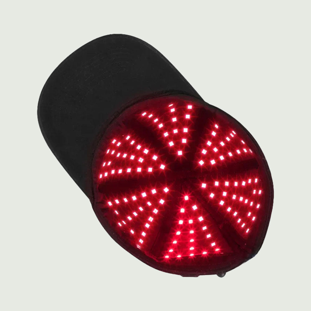 Inside view of LED red light therapy hat showing battery-powered light array for wireless red light hair growth therapy