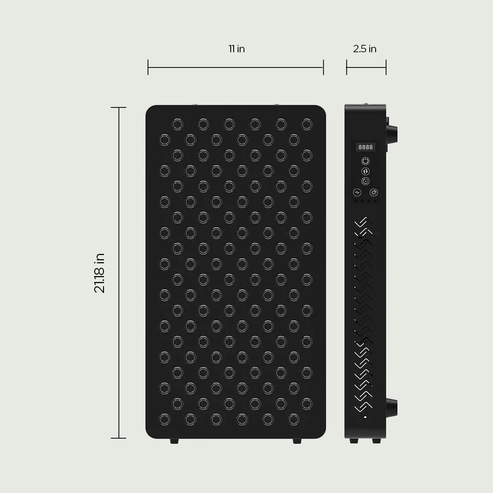 LED Red Light Therapy Panel Elite – Targeted Relief & Skin Rejuvenation shown from front and side with labeled dimensions for height, width, and depth