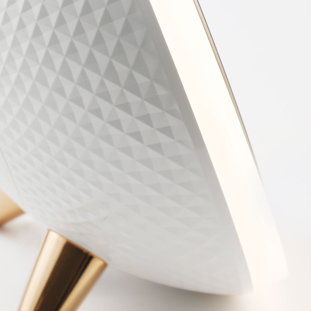 Zoomed-in back view of LED Ring Light Bluetooth Mirror from re-nū Smart Beauty, emphasizing the sleek modern stand, smooth matte finish, and minimalist structural design for stable placement