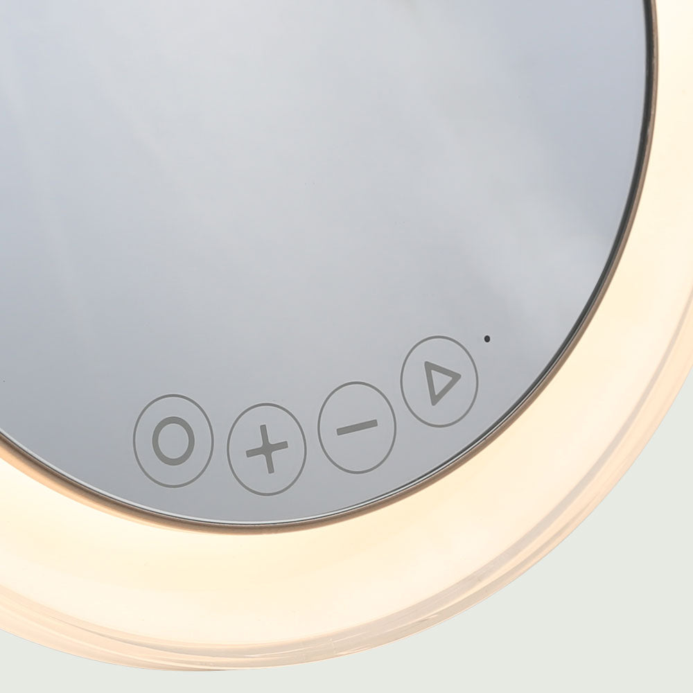 Close-up view of the LED Ring Light Bluetooth Mirror’s touch control buttons from re-nū Smart Beauty, highlighting the intuitive interface for adjusting brightness and Bluetooth functions