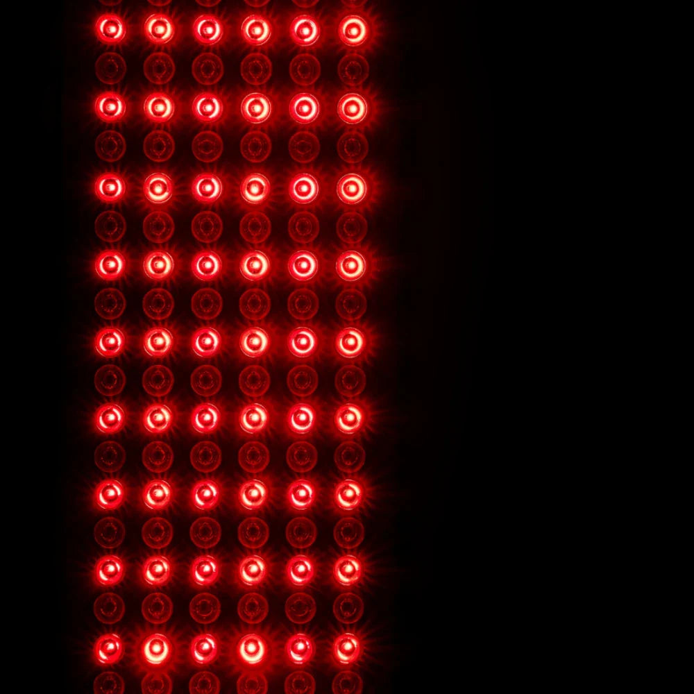 Zoomed-in view of red 660nm LED lights on the LED Red Light Therapy Panel Elite – Extended Coverage for skin rejuvenation and anti-aging therapy