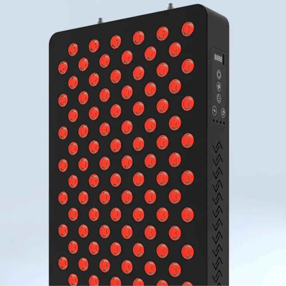 Side Close-up of 660nm red and 850nm NIR LED bulbs on the LED Red Light Therapy Panel Elite – Targeted Relief for targeted skincare and pain relief