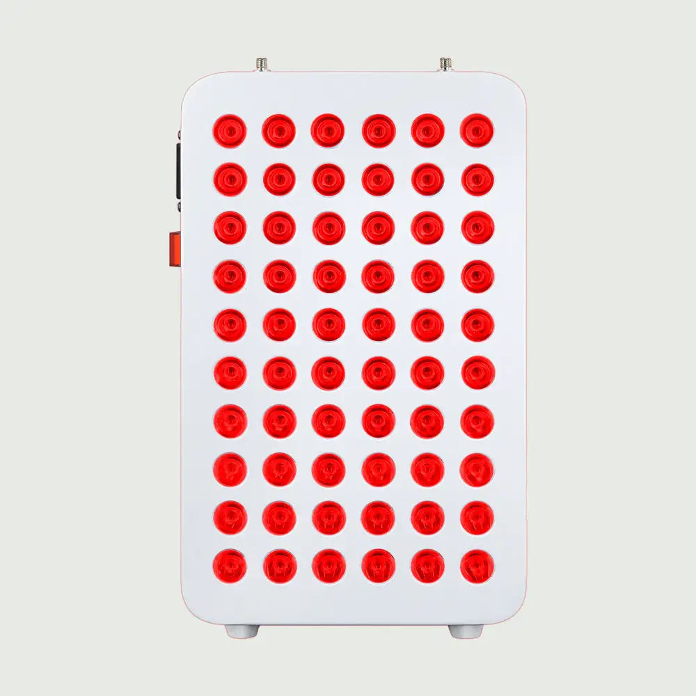 LED Red Light Therapy Panel with red 660nm bulbs illuminated, highlighting skin-rejuvenating light for anti-aging treatment