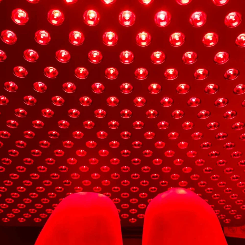 Close-up of glowing red LED lights used in LED Red Light Therapy Panel