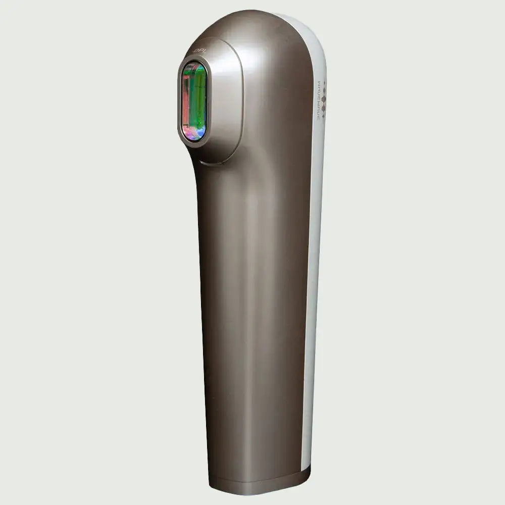 Full view of the re-nū RapidFlash Laser Hair Remover from the light head side, showcasing the treatment window and sleek, ergonomic design.