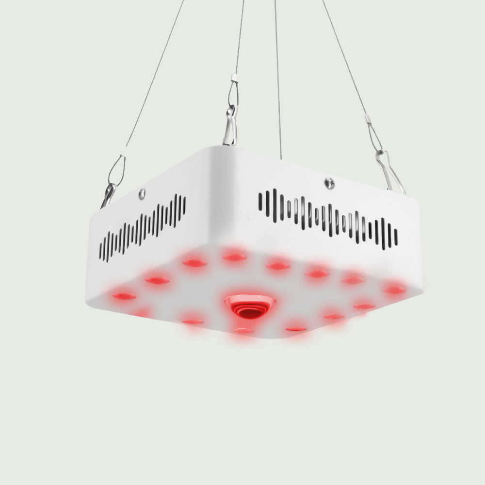Clinical Grade Red LED & COB Light Therapy Panel hanging vertically by metal chain, showcasing its lightweight, mountable design for hands-free red light therapy.