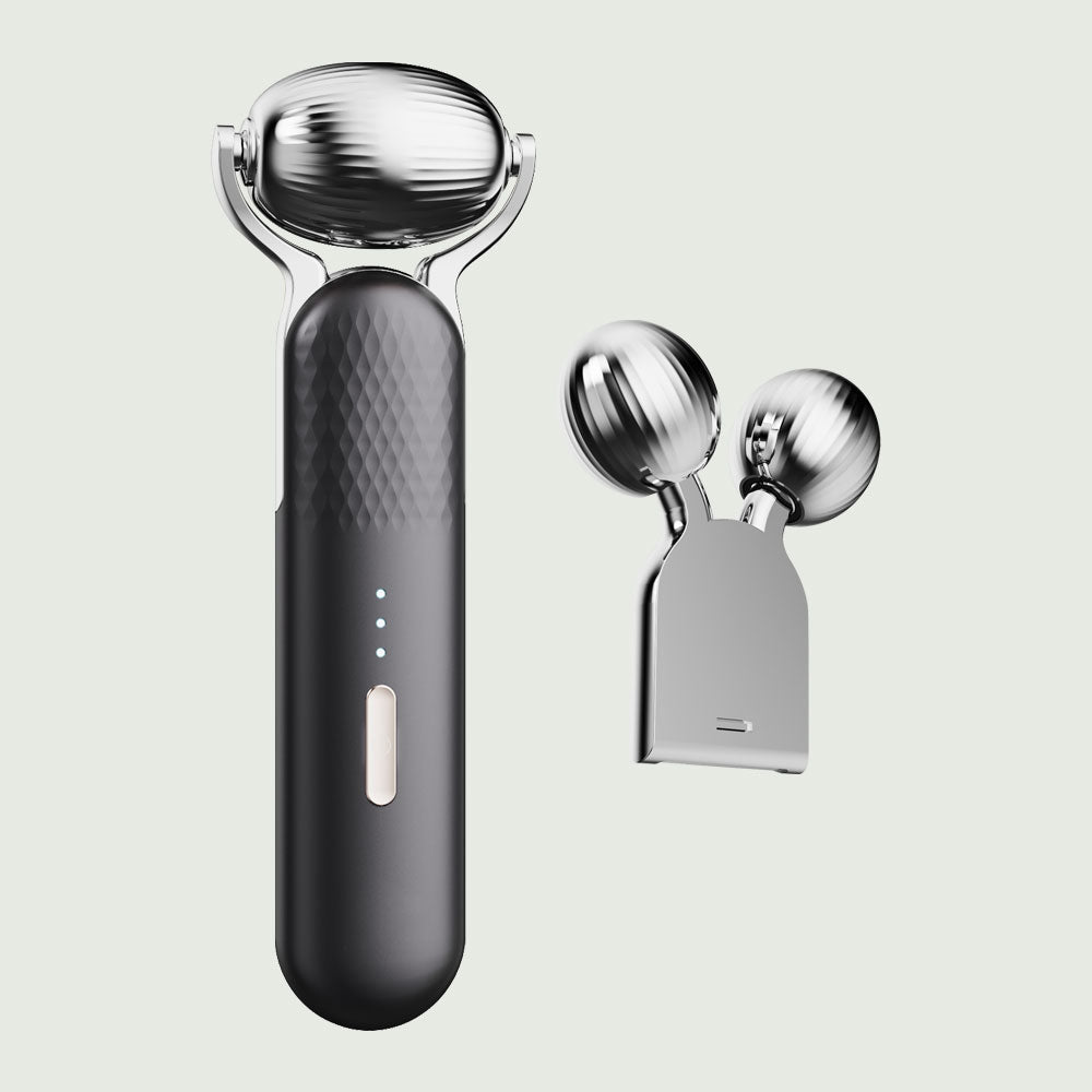 Full view of the re-nū Cold Therapy EMS Dual Roller showing both the wide Cryo Roller and dual-sphere EMS V-Roller attachments, with ergonomic handle, sleek design, and USB charging port, highlighting its dual functionality for facial toning and cooling therapy.