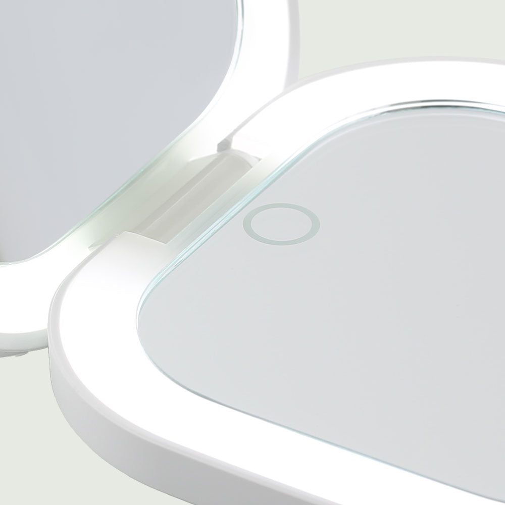 Close-up view of the LED lights on the Compact LED Pocket Mirror, showing bright illumination for any application.