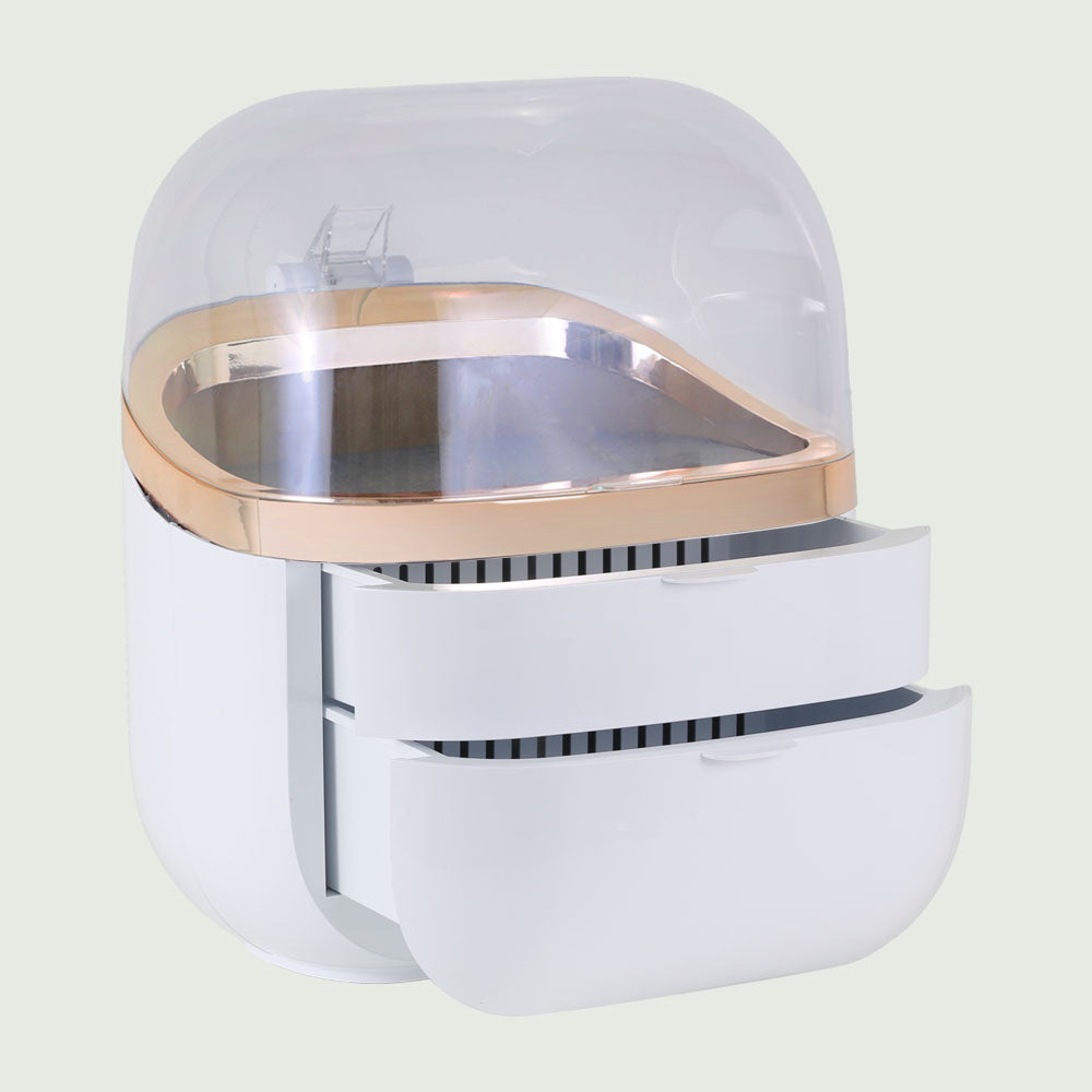 An angled view of the GlowUp Skin Care Fridge, featuring a large dome top, and two opened high capacity cooling drawers.