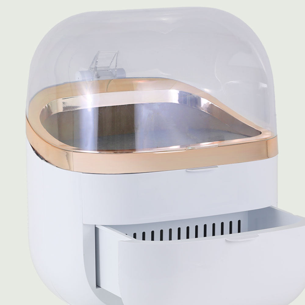 A close-up of the GlowUp Skin Care Fridge, featuring a large dome top, and high capacity cooling drawers.