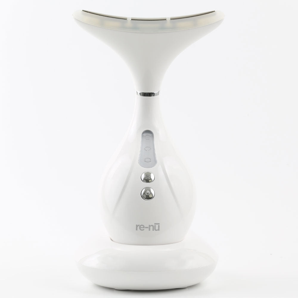 Straight front view of 360° LED Lift & Sculpt showing complete control interface, LED light zones, and ergonomic curved design for neck and jaw treatment