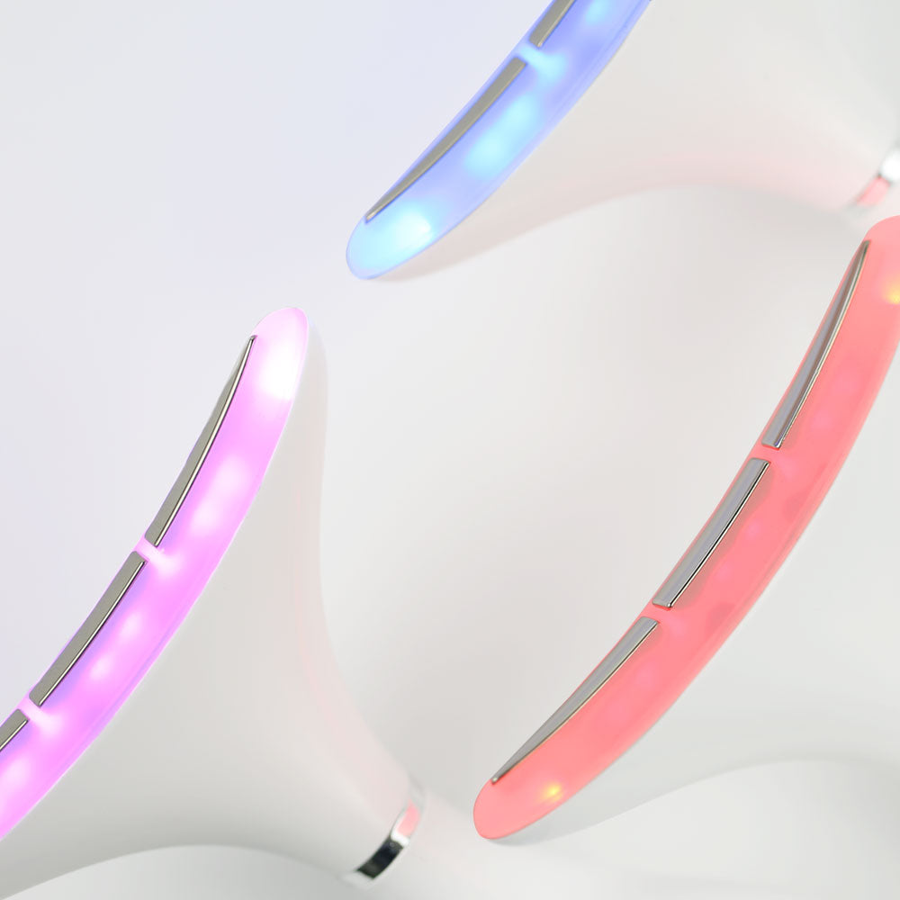 Side-by-side view of 360° LED Lift & Sculpt – head glowing in red, blue, and purple LED light modes for comprehensive skincare treatment