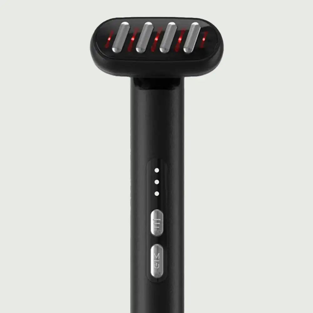 Close-up of the LED Light Therapy Wand head illuminated in red , with control buttons clearly visible on the handle, demonstrating dual light therapy function and easy operation.