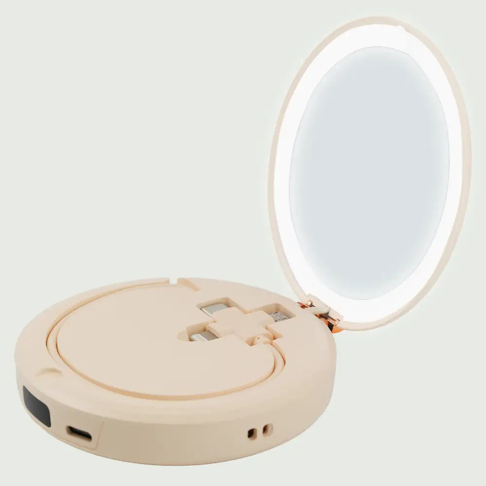 Beige re-nū LED Mirror + Power Bank open with built-in LED light illuminated
