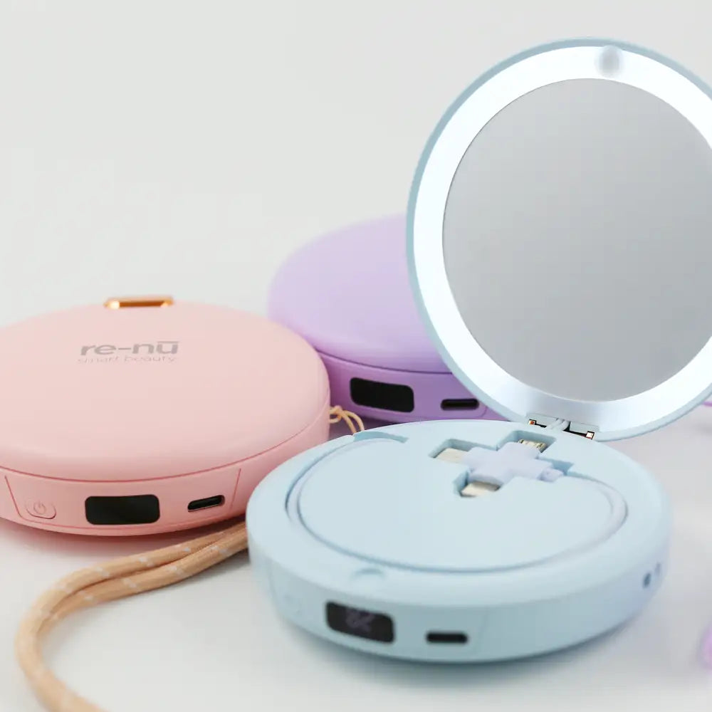re-nū LED Mirror + Power Bank color collection with Blue mirror open and LED light illuminated