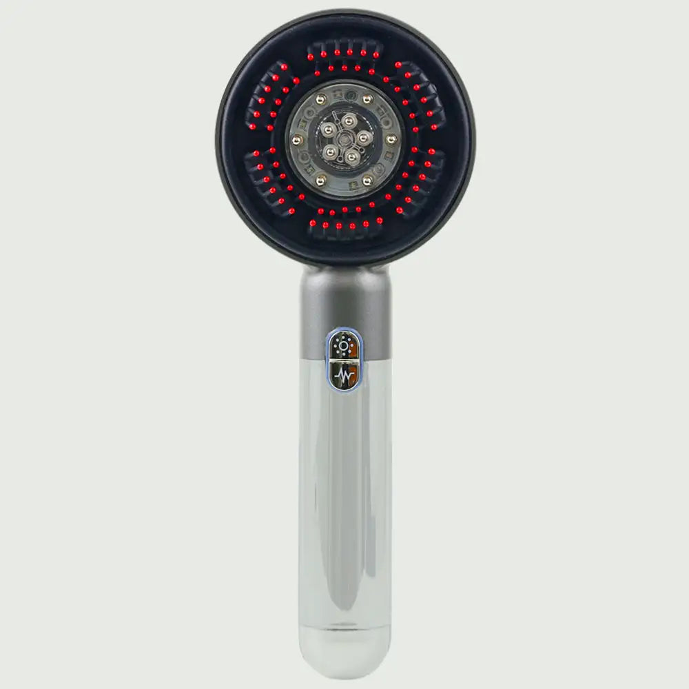 Front view of the LED Therapy Massage Comb showing bristles, highlighting ergonomic handle, sleek design and easy to use controls.