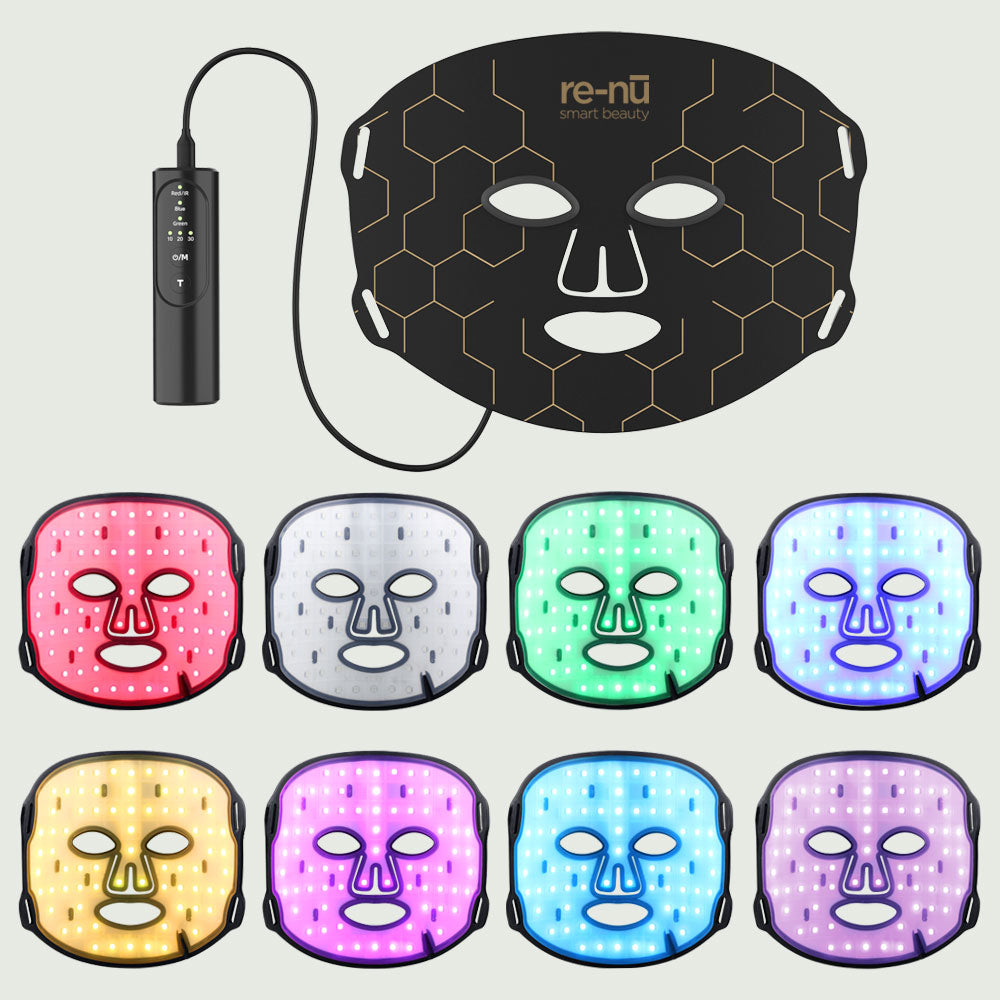 Multi-Color Light Therapy Mask – Advanced Skincare LED Therapy connected to remote control, displayed alongside 8 LED mask color variations
