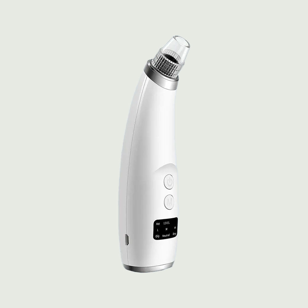 A sleek white precision pore cleanser with digital display and suction head, designed for deep pore cleaning and LED skincare treatment.