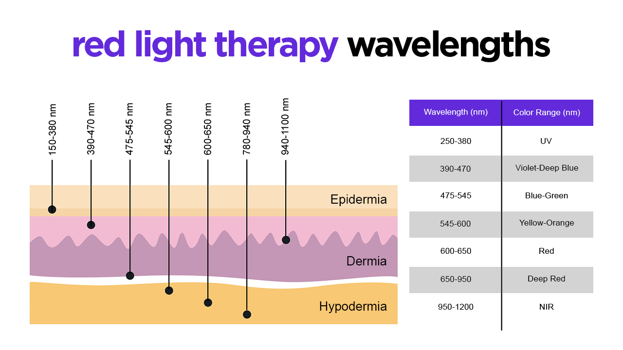 Diagram of red light therapy wavelengths with skin layers and color ranges.