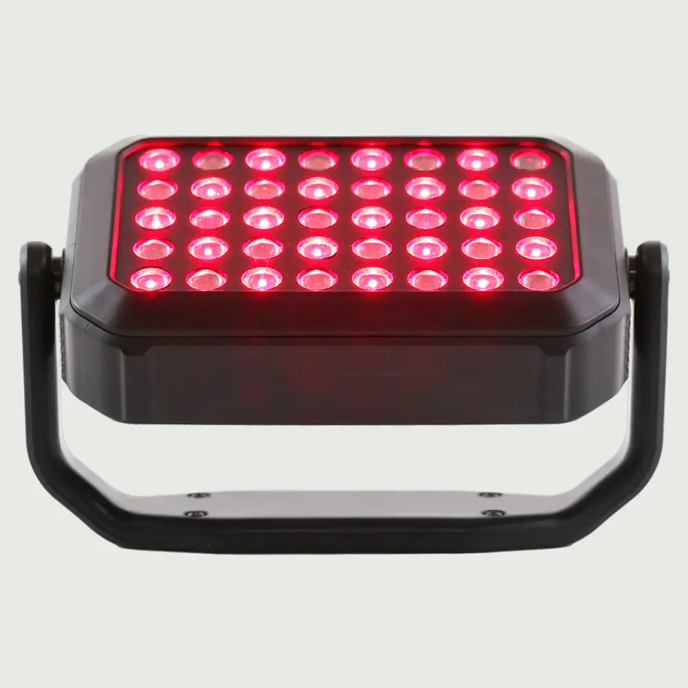 Angled upward view of the UltraCompact LED Red Light Therapy Panel tilted upward on its stand, emphasizing its slim, portable design and super bright LED lenses.
