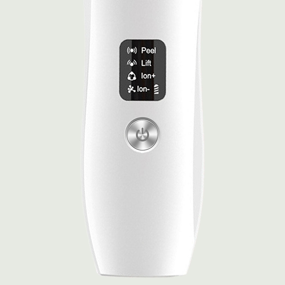 Close-up of the mode selection and controls for the Ultrasonic Skin Scrubber showing cleansing, lifting, and absorption mode options.