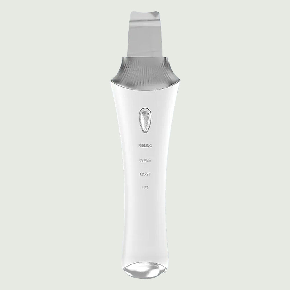 Front view of the Ultrasonic Skin Scrubber with UV Base, a sleek waterproof skincare device designed for deep cleansing, exfoliation, and wireless UV charging.