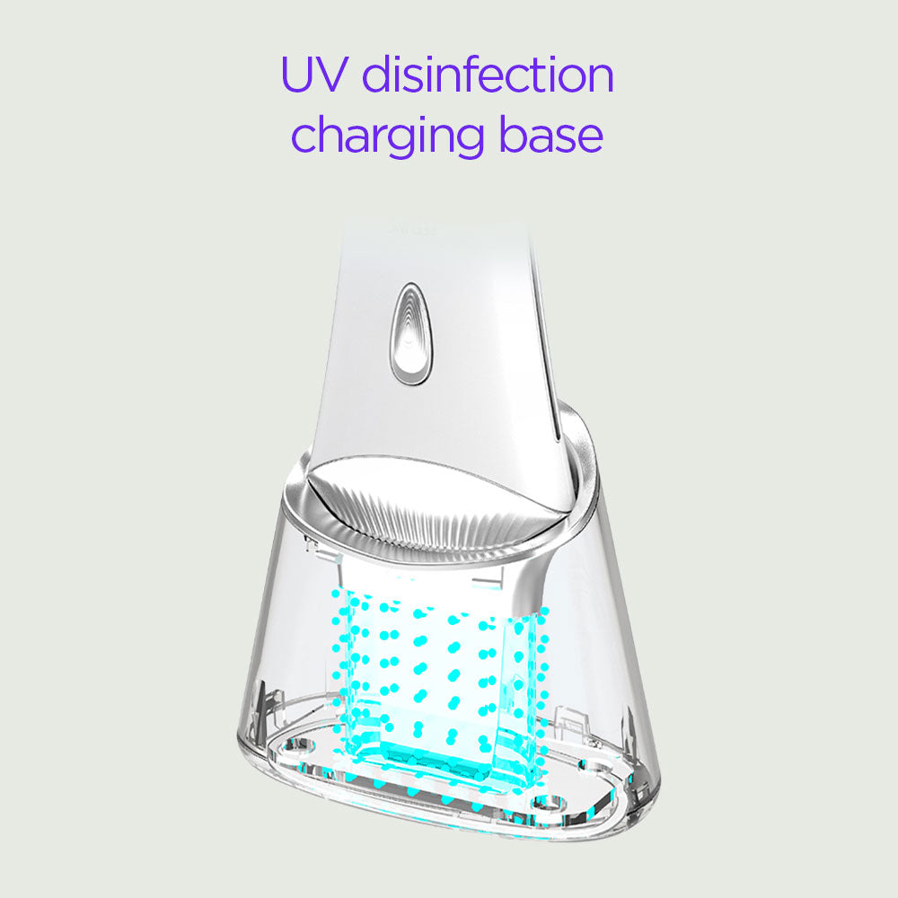 Close-up infographic highlighting the UV disinfecting base of the Ultrasonic Skin Scrubber, with blue graphics explaining the wireless charging and germ-killing UV light functionality.