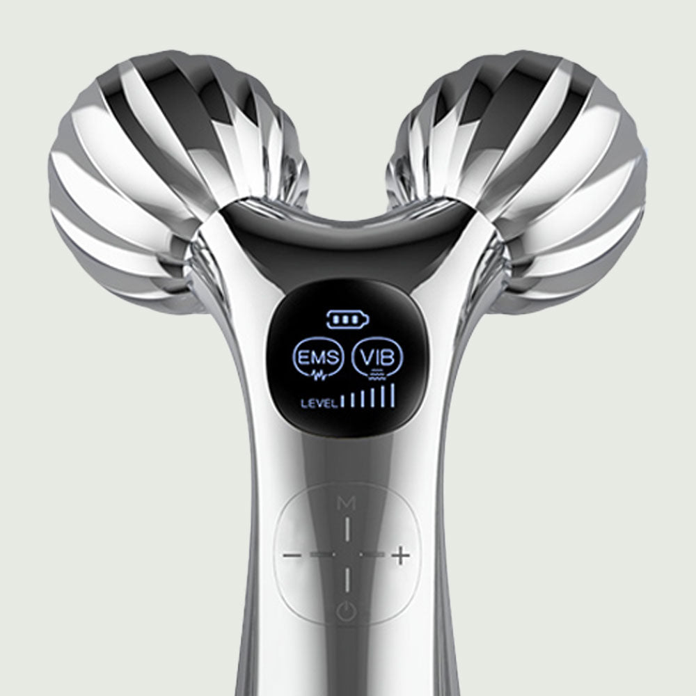 Close-up of the Vibrating EMS Massage Roller with digital display turned on, showing the active settings and power button clearly highlighted on the sleek handle.