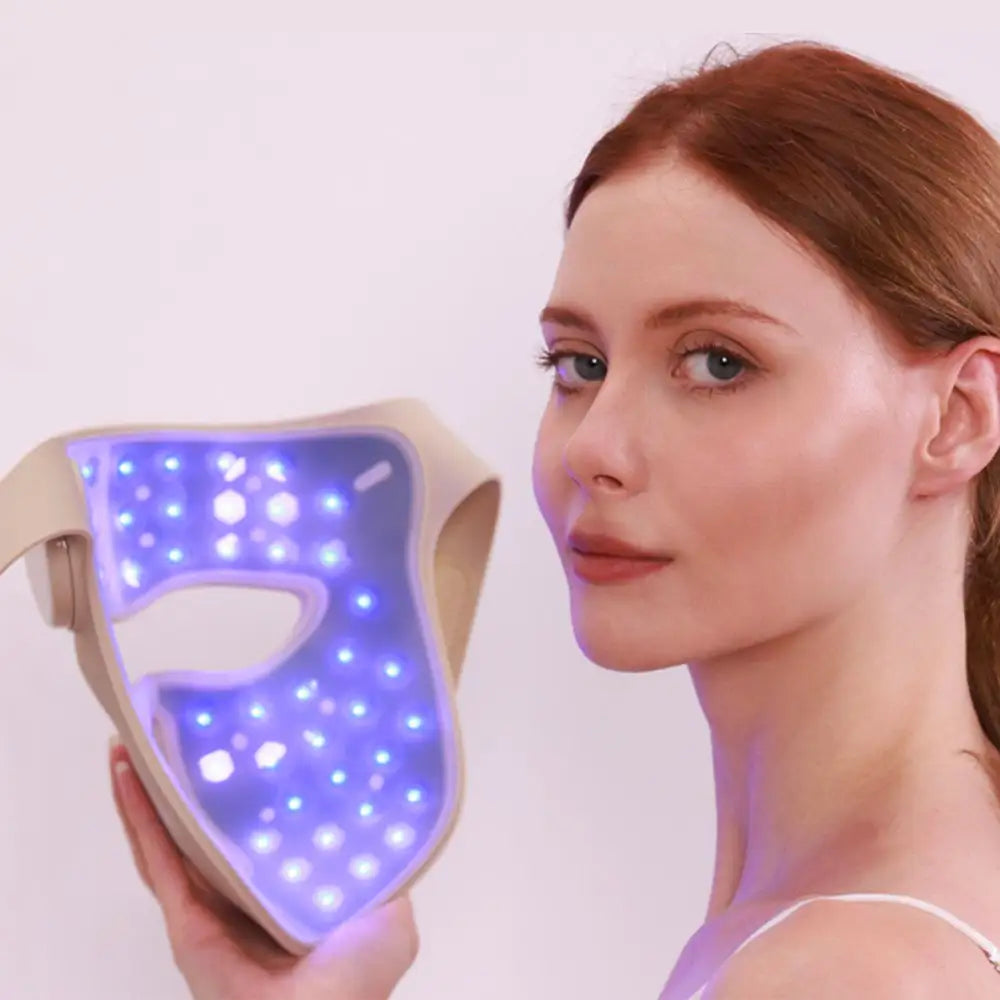 Inside angle view of the 5D Laser Mask, showing Blue light, flexible silicone construction and ergonomic facial fit.