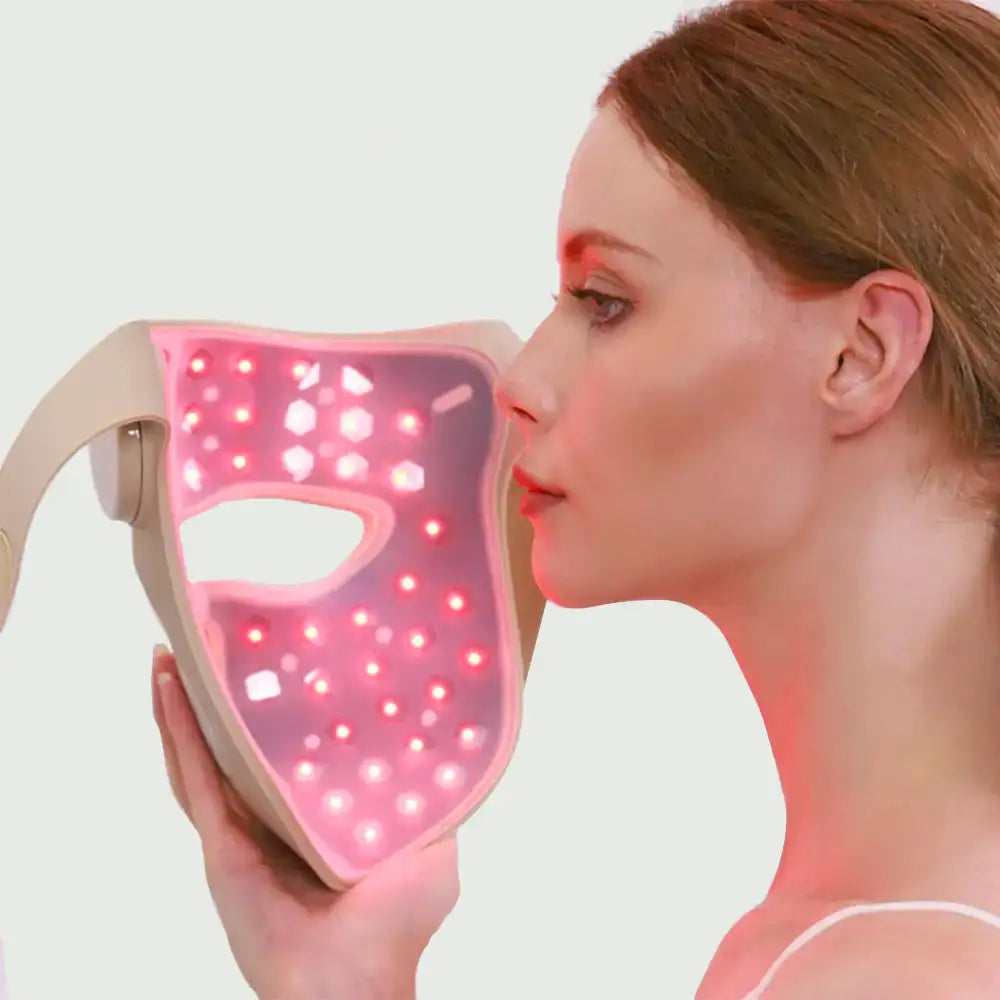 Inside angle view of the 5D Laser Mask, showing NIR light, flexible silicone construction and ergonomic facial fit.