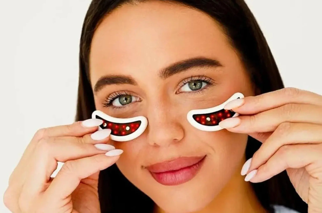 Wireless red light and EMS microcurrent pads for under-eye rejuvenation, wrinkle reduction, and puffiness relief.