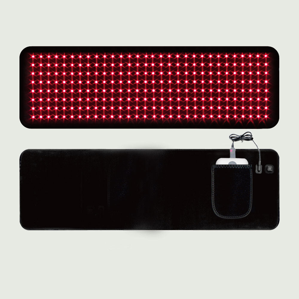 Full view of the 240 LED Red Light Therapy Belt , showcasing the front and back sides, highlighting the triple-chip LED grid, adjustable strap, and digital control panel for customizable therapy settings.
