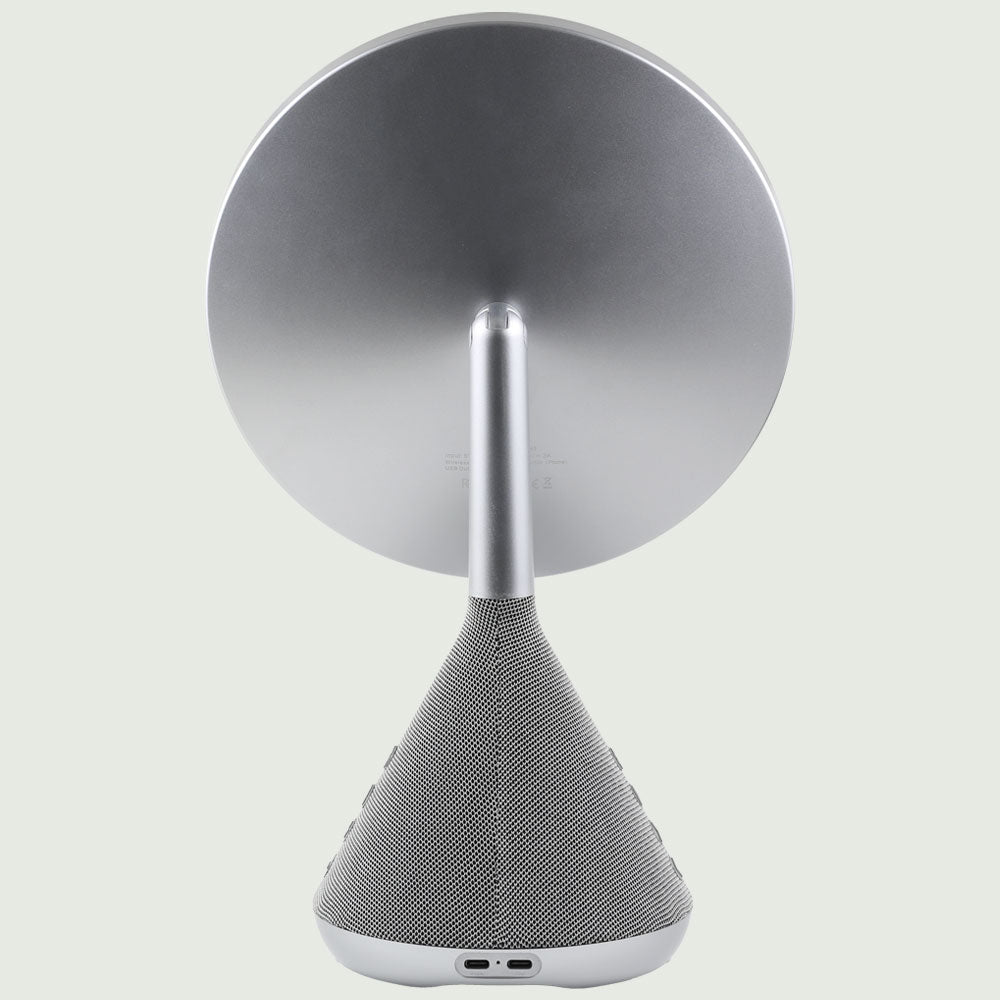 Rear view of the re-nū 3-in-1 Smart Beauty Mirror with LED ring visible and touch controls shown.
